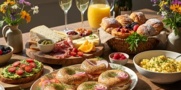 Colorful spring brunch spread with fresh herbs and mimosas