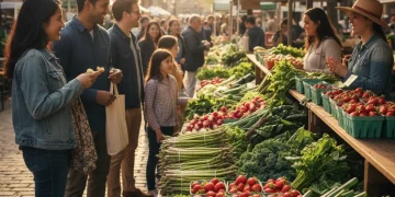 Abundant farmer's market stall with fresh spring produce in the US, showcasing asparagus, strawberries, and leafy greens.