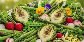 Colorful spring vegetable platter with asparagus and peas, symbolizing fresh seasonal eating and wellness.
