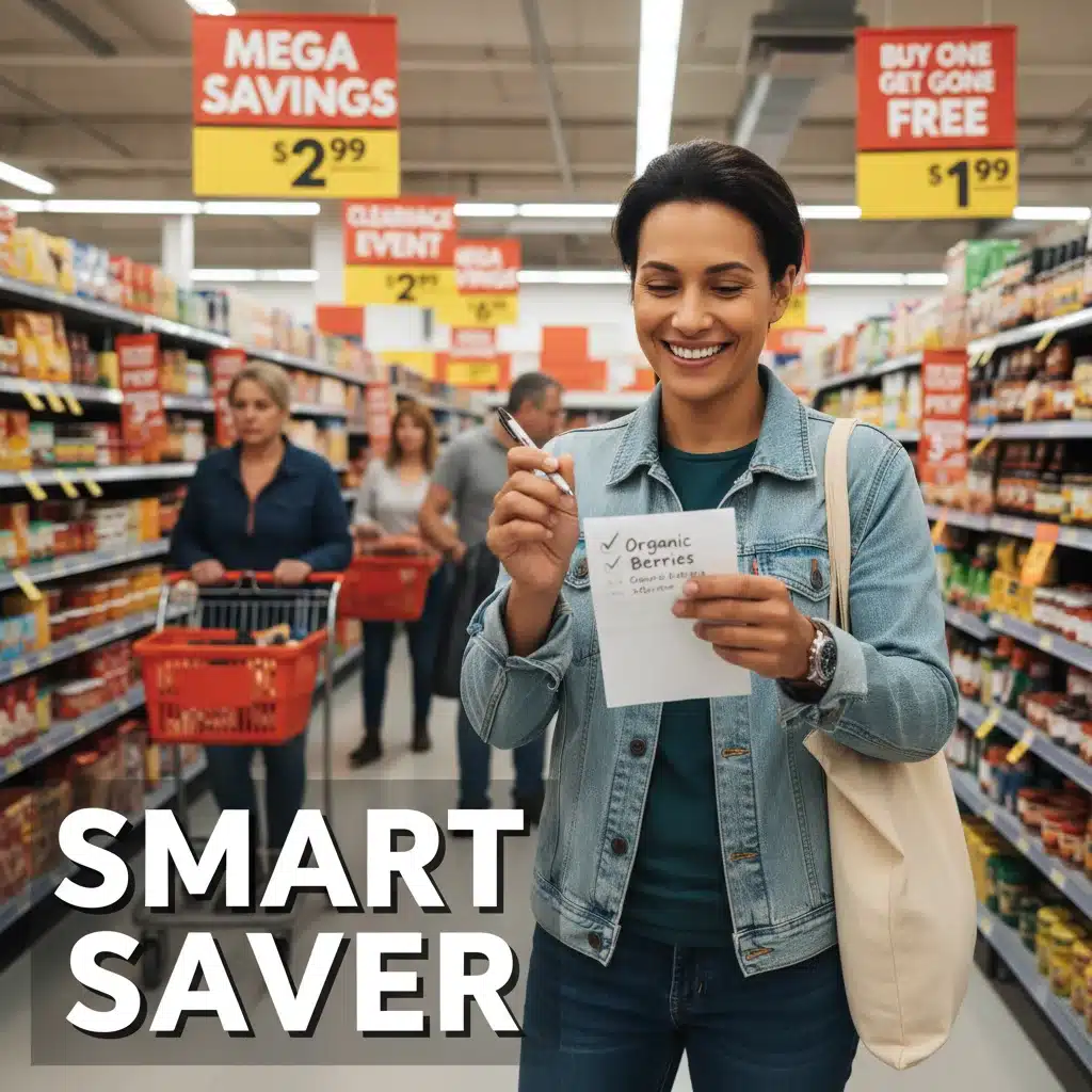 Shopper with list in store during sale avoiding impulse buys