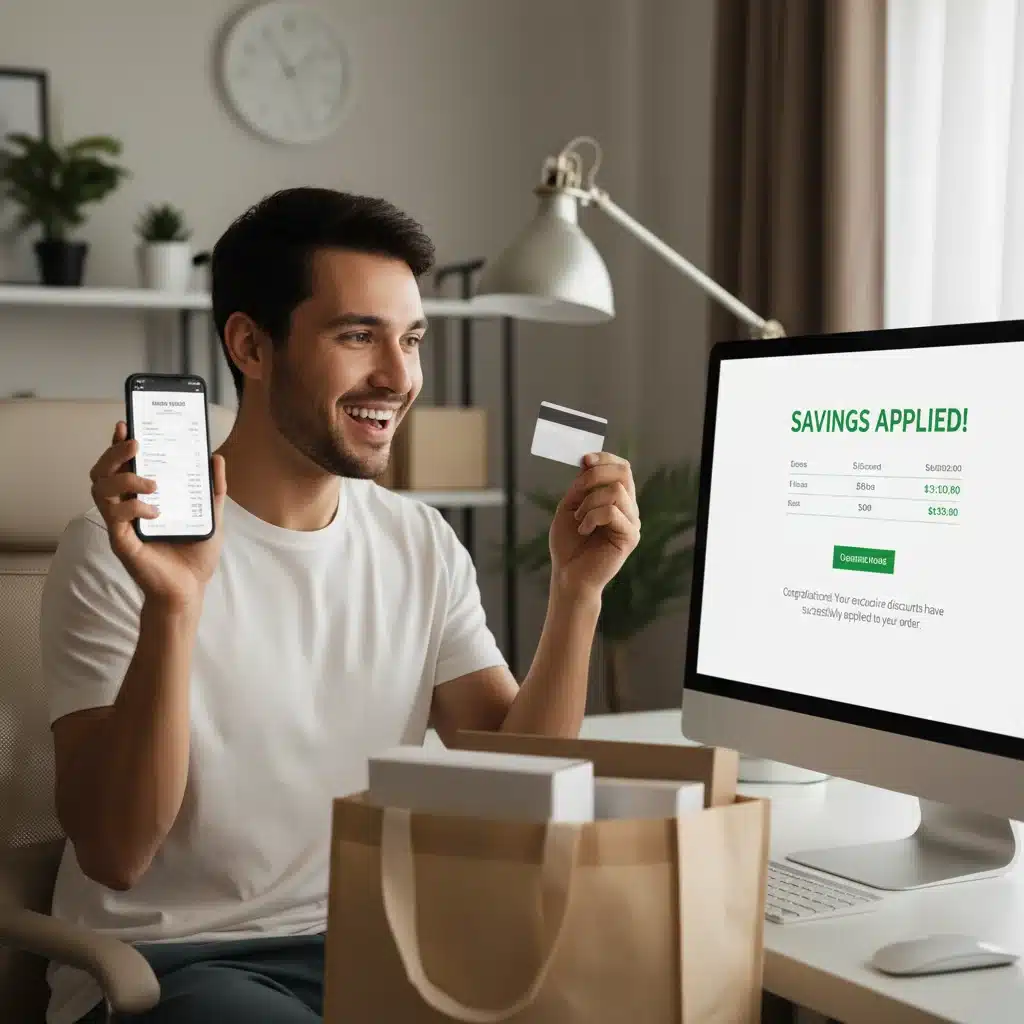 Happy shopper with smartphone and credit card, viewing online savings notification.