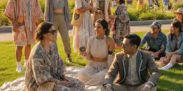 Summer 2026 Fashion: 6 Micro-Trends to Watch in the US Diverse individuals displaying summer 2026 fashion micro-trends in a vibrant city park.