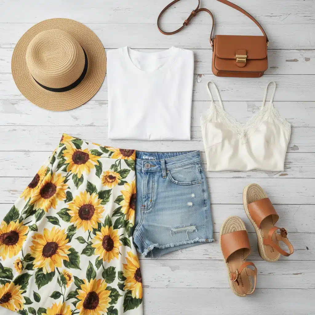 Essential summer capsule wardrobe pieces flat lay