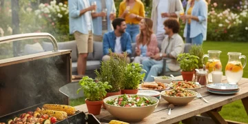 Lively backyard BBQ with sizzling grill, colorful food, and happy people enjoying summer grilling trends 2026.
