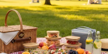Colorful summer picnic spread with fresh, portable dishes in a sunny park setting