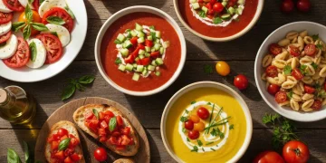 Assortment of fresh summer tomato dishes on a rustic table.