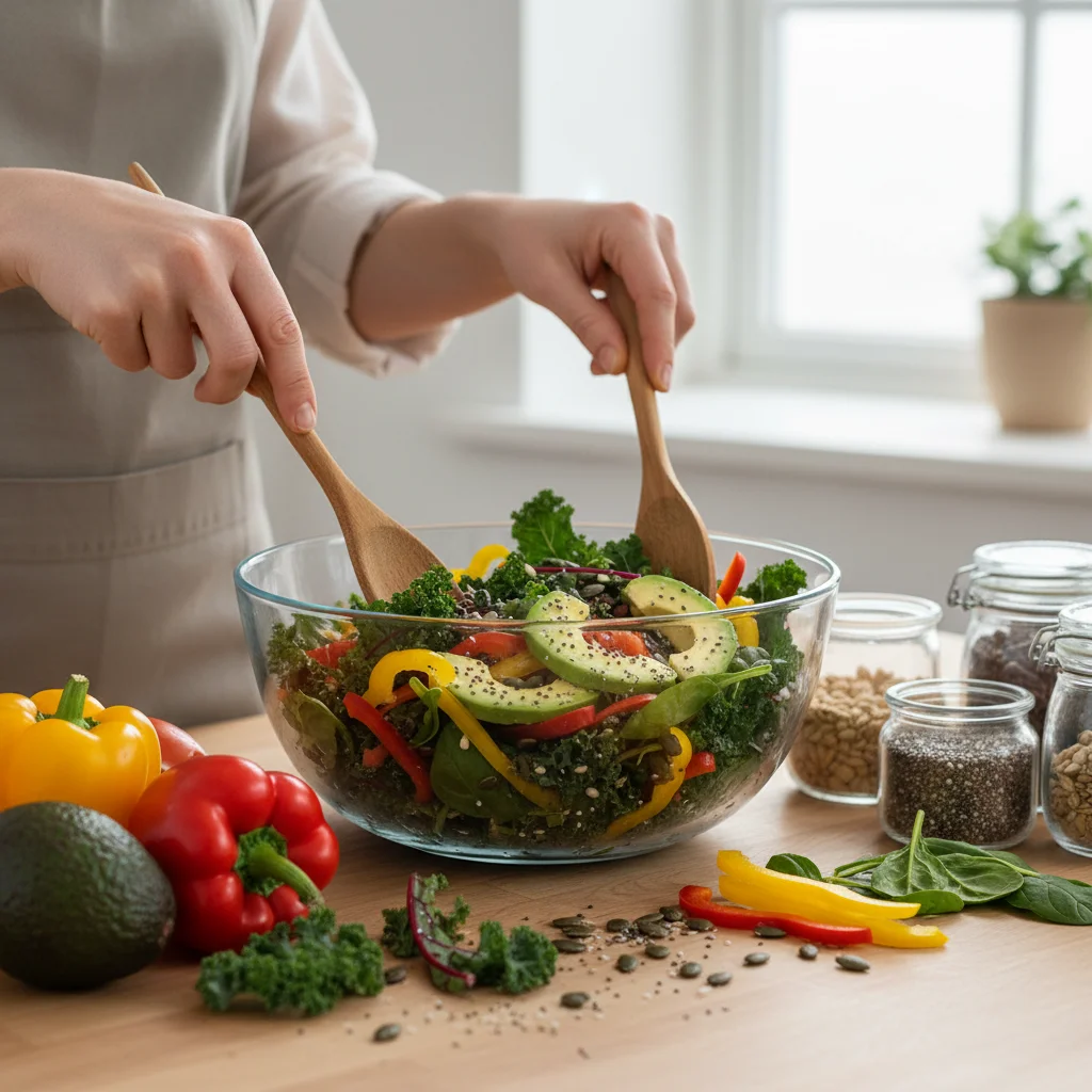 Person preparing a fresh, colorful salad with immune-boosting ingredients.