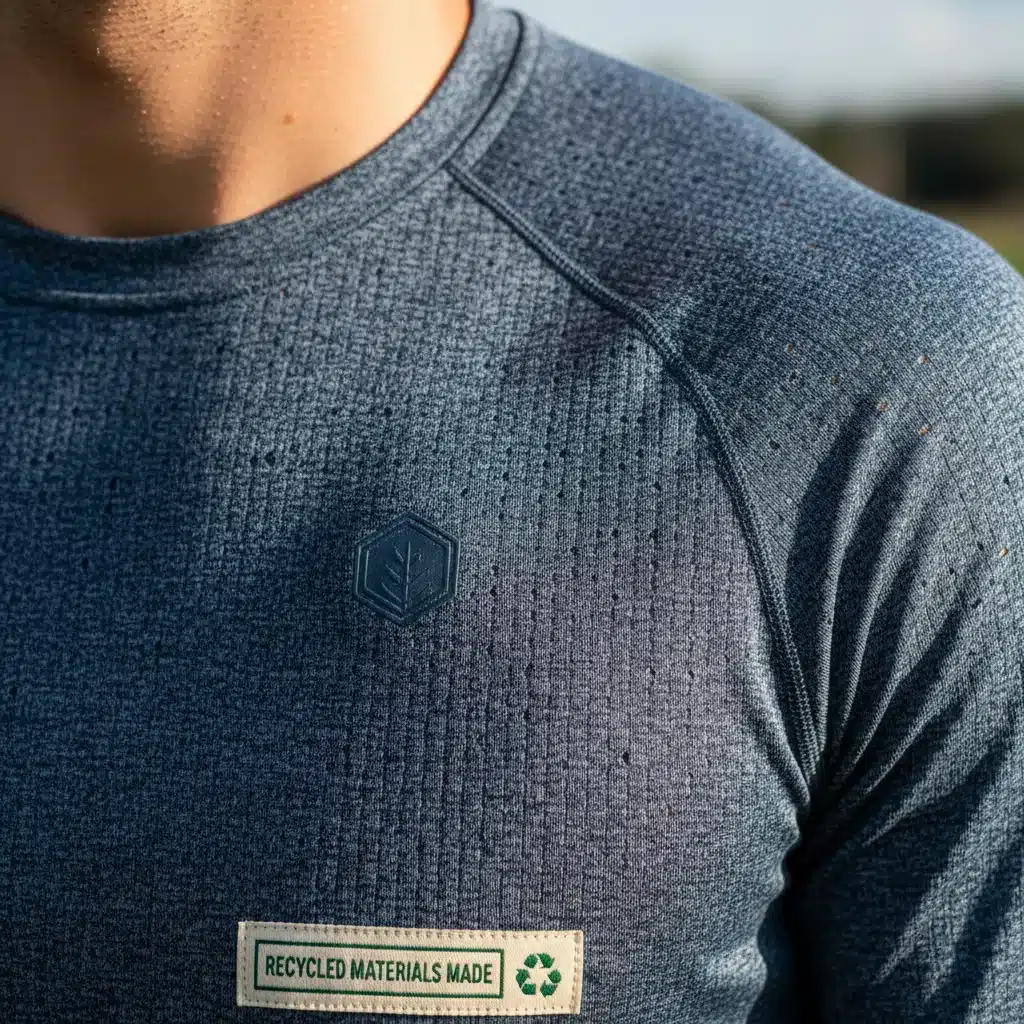 Close-up of sustainable, moisture-wicking athleisure fabric with innovative texture and design.