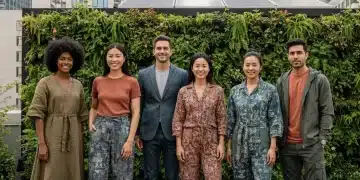 Models wearing sustainable fashion in an urban park, showcasing eco-friendly clothing.