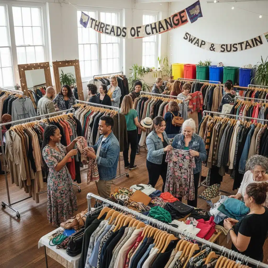 Community clothing swap event promoting sustainable and affordable fashion