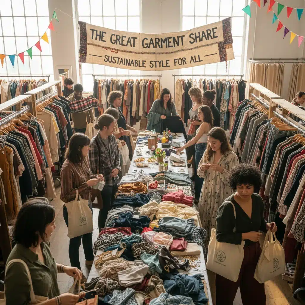 Community clothing swap event promoting sustainable fashion practices