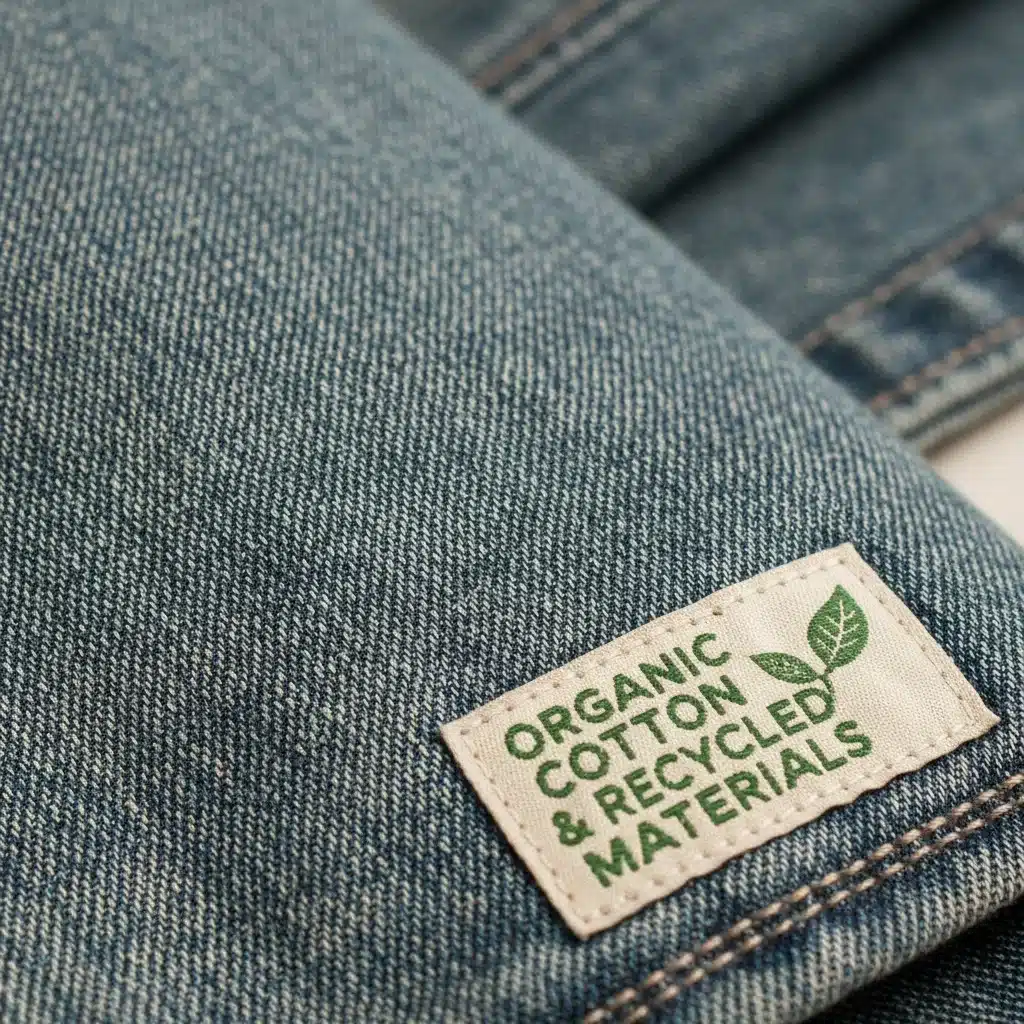 Close-up of sustainable denim fabric with natural dyes, emphasizing eco-friendly texture.