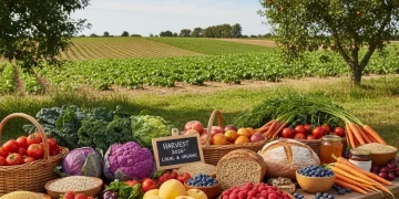 Abundant organic produce on a wooden table, symbolizing sustainable US eating.