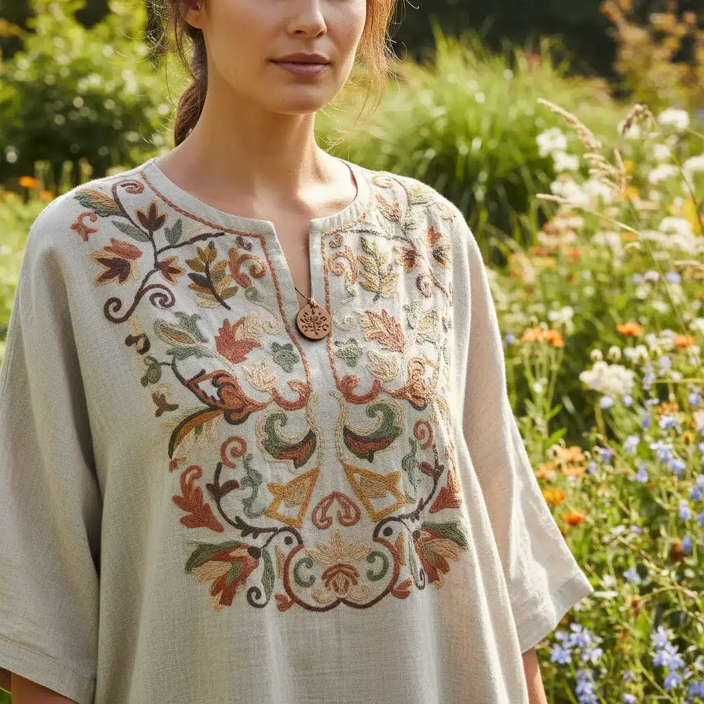 Model showcasing sustainable fashion with natural fiber embroidery for Summer 2026.