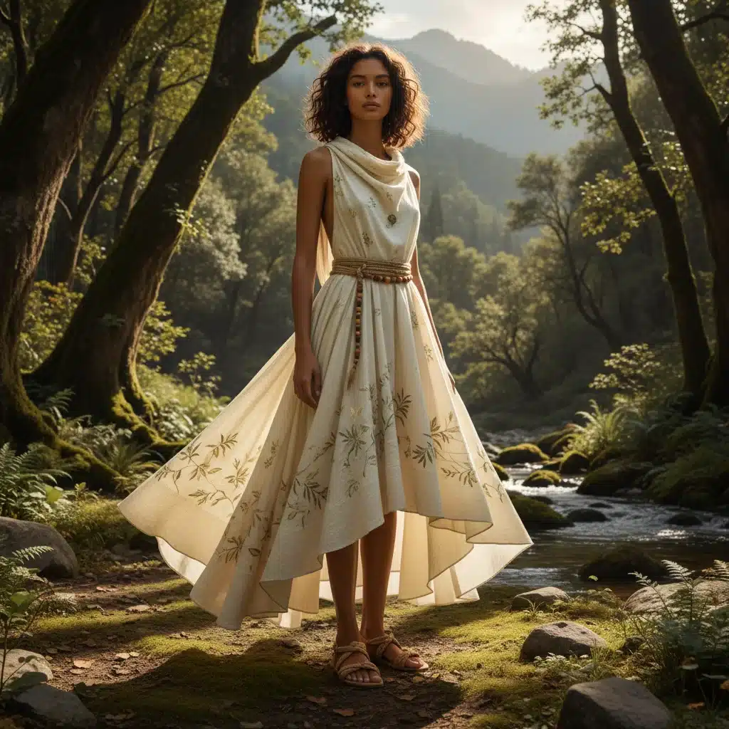 Fashion model in sustainable plant-based garment in natural setting