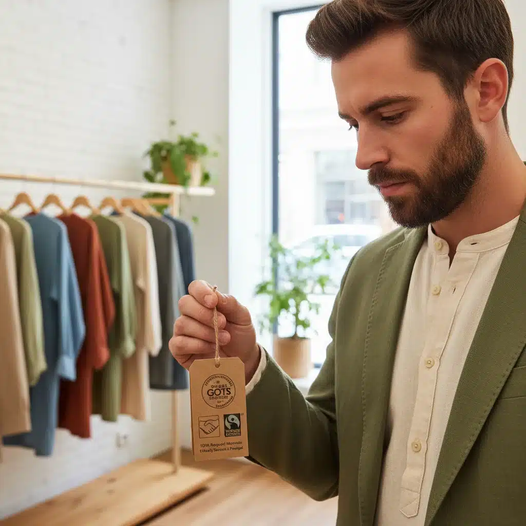 Man examining sustainable clothing tag in a boutique