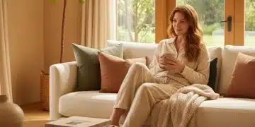 Woman in sustainable loungewear relaxing at home, embodying comfort and style.