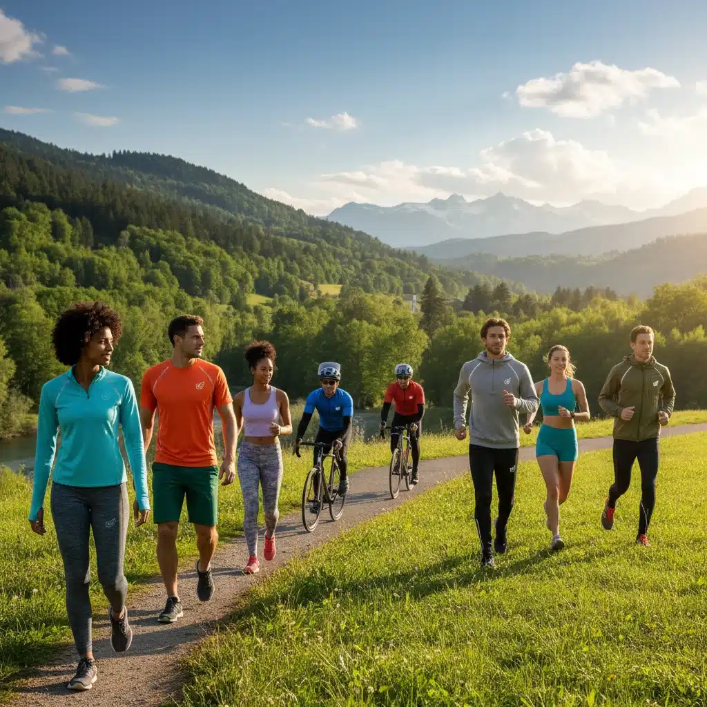 Diverse individuals wearing sustainable, high-performance activewear in an outdoor setting.
