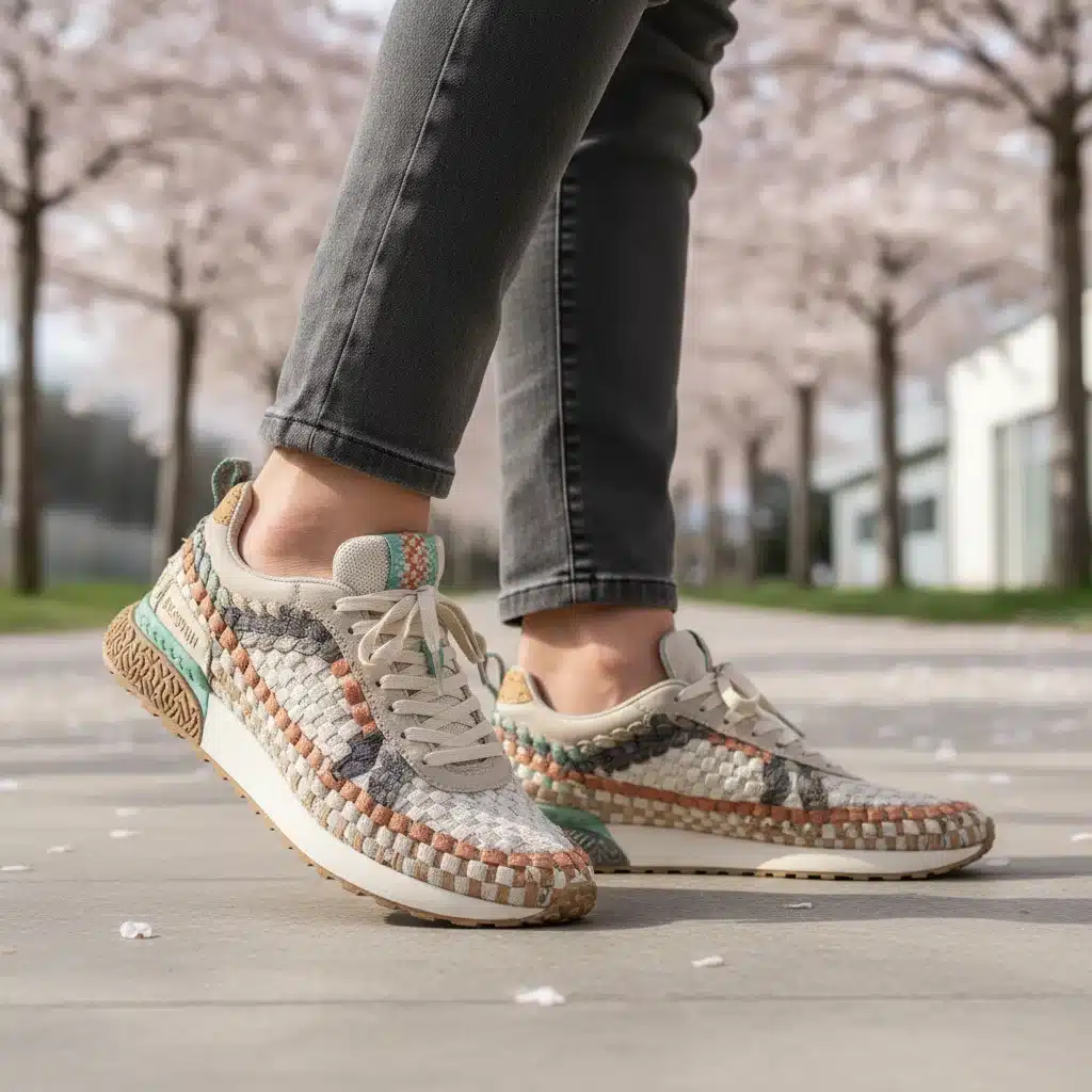 Sustainable sneakers made from recycled materials on a person walking in an urban spring setting.