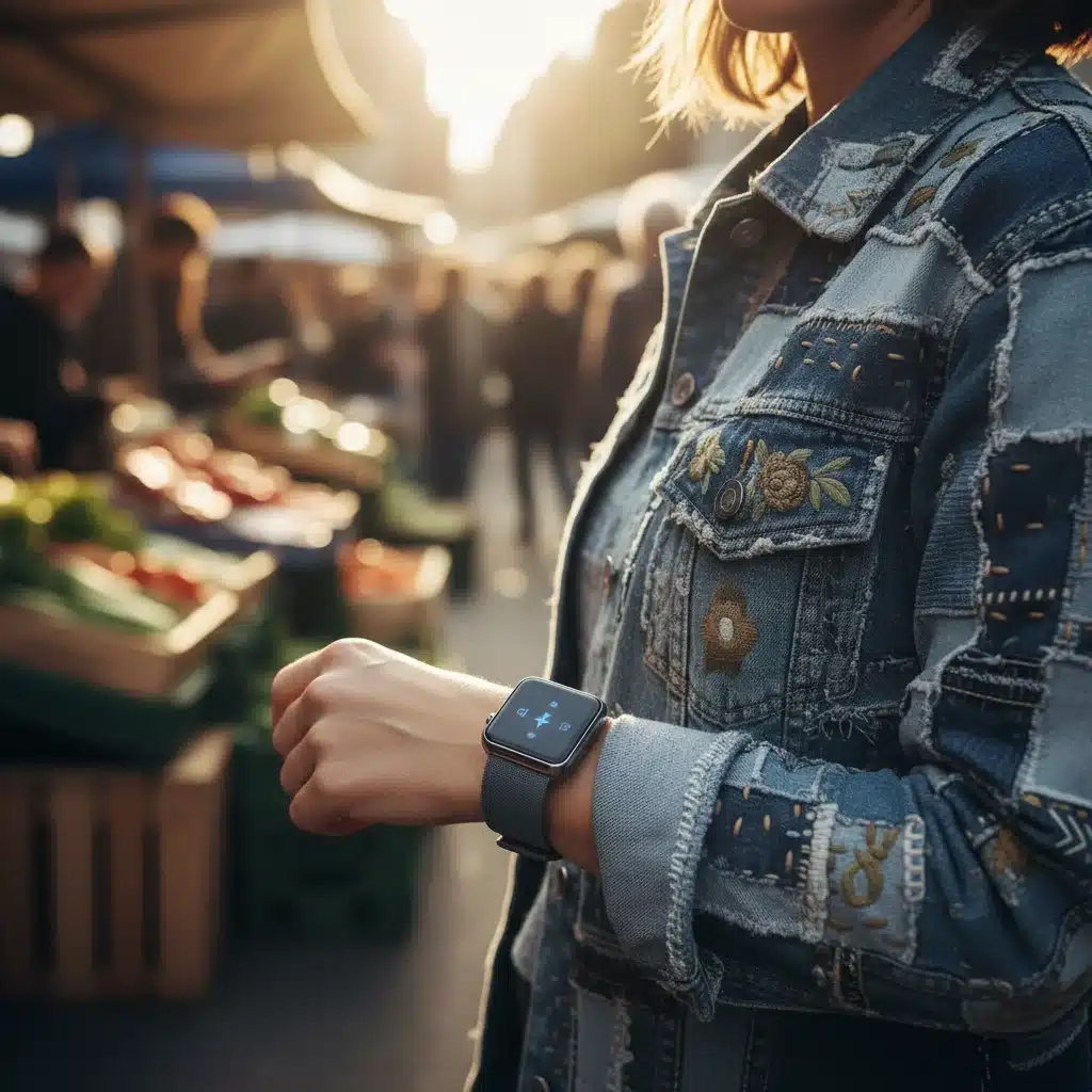 Person wearing upcycled denim and a discreet smart wearable in an outdoor market