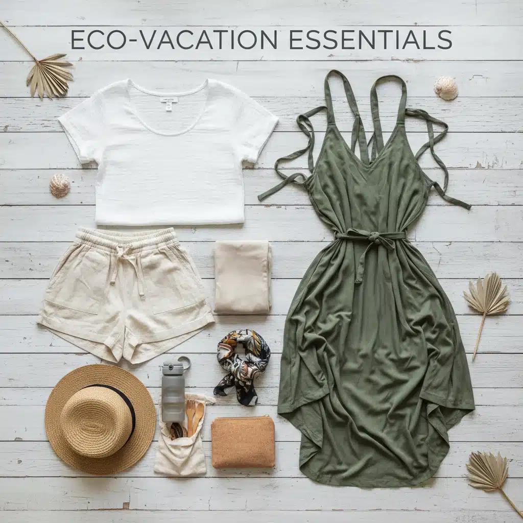 Sustainable and versatile travel clothing flat lay