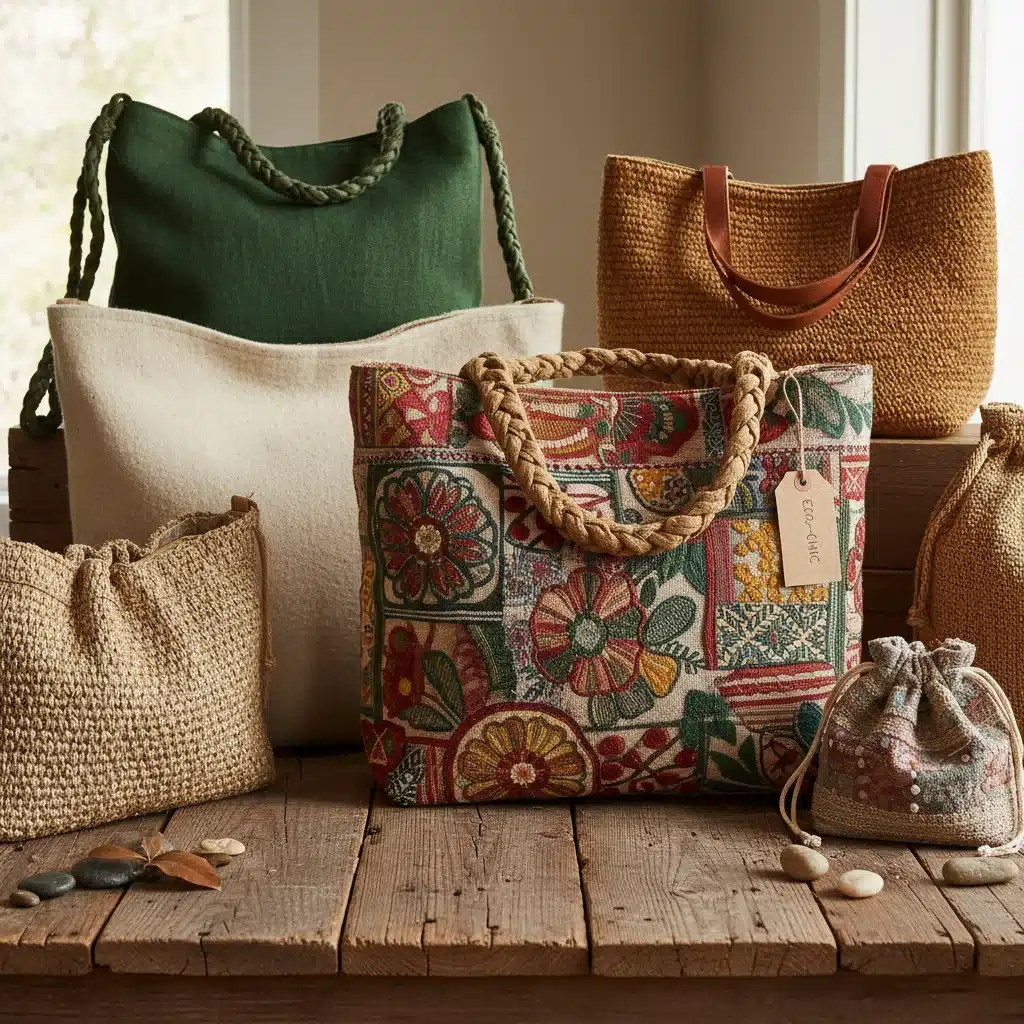 Assortment of sustainable and upcycled handbags in earthy tones, promoting eco-conscious accessory choices