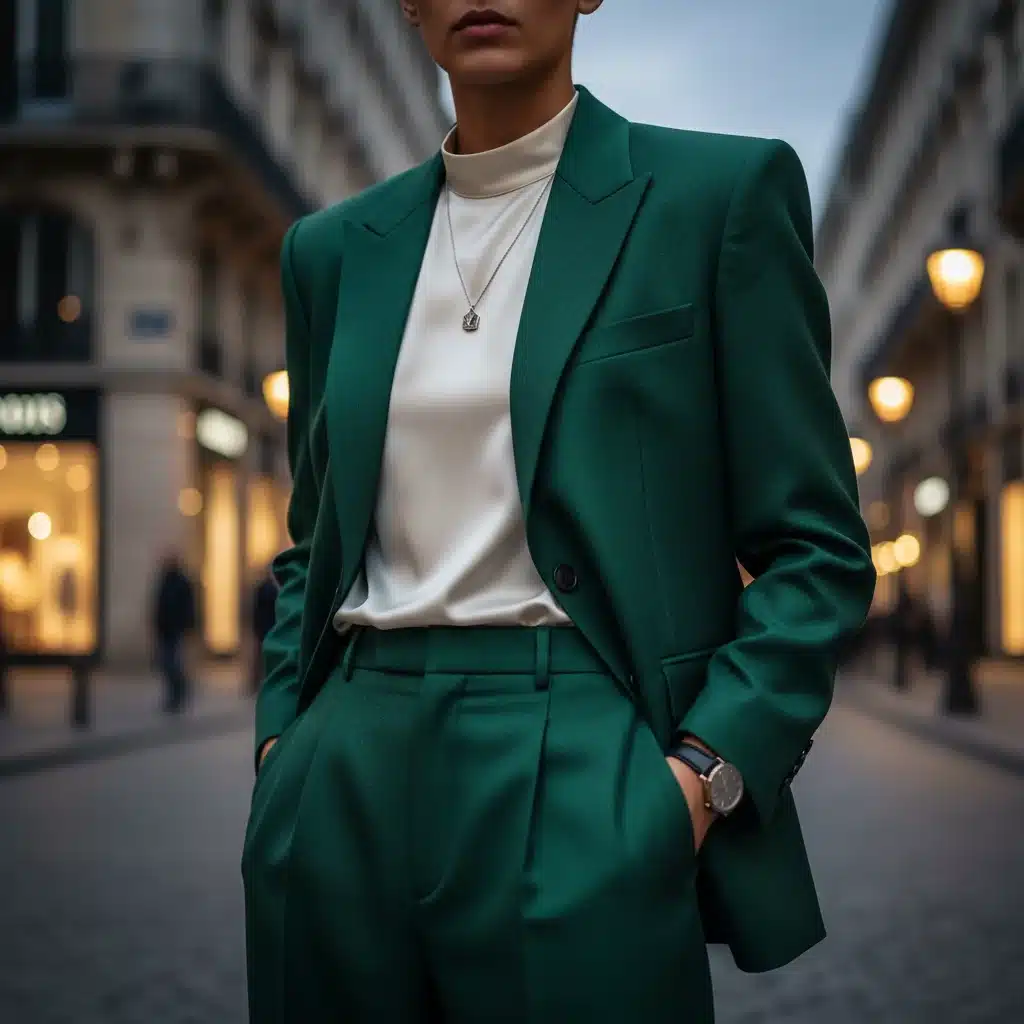 Person in a vibrant, tailored gender-neutral suit with minimalist accessories.