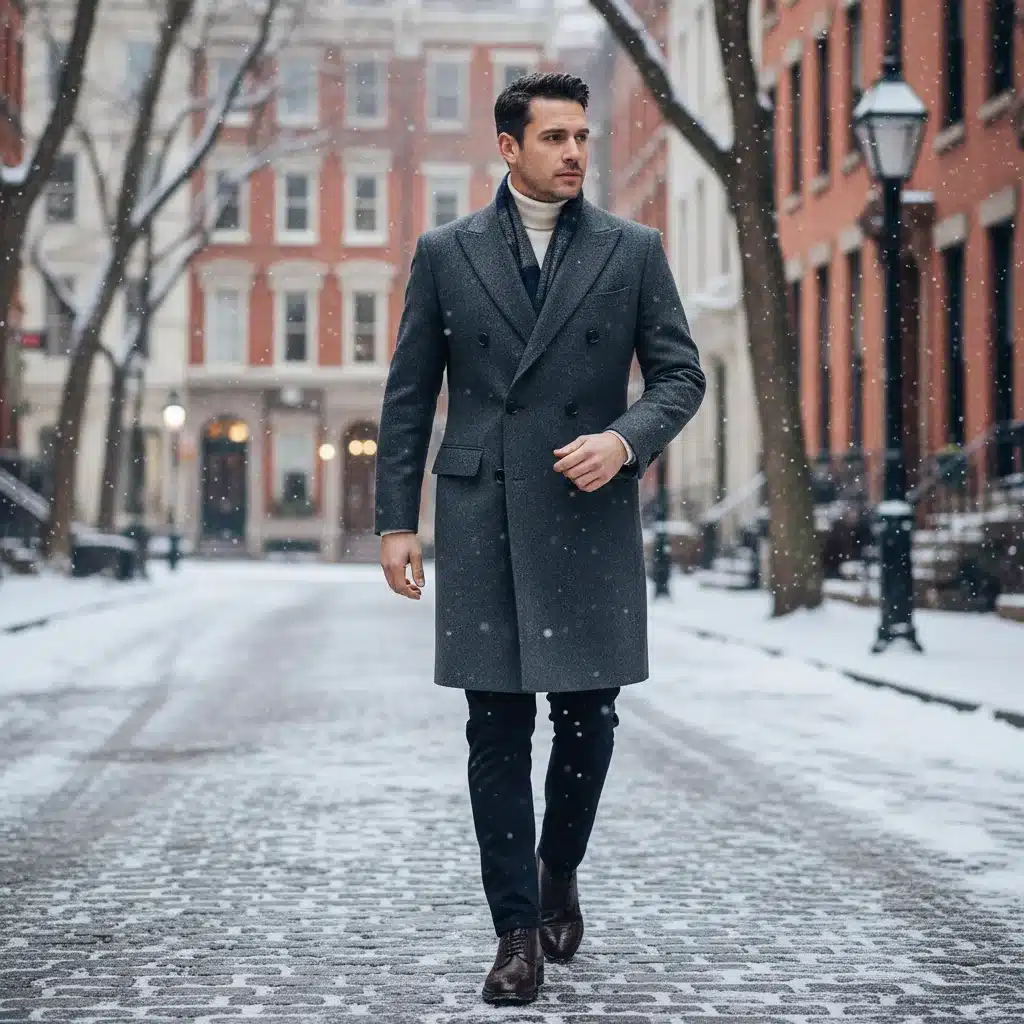 Man in tailored grey wool blend long coat, elegant winter city street style