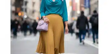 Woman in teal top, mustard skirt, lavender accessories, confident style