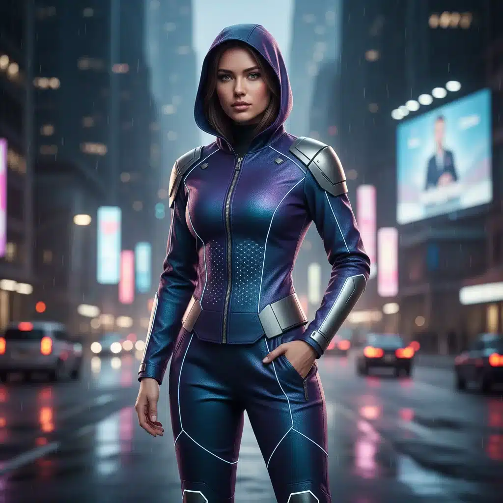 Individual wearing tech-infused smart fabric clothing with subtle LED accents.