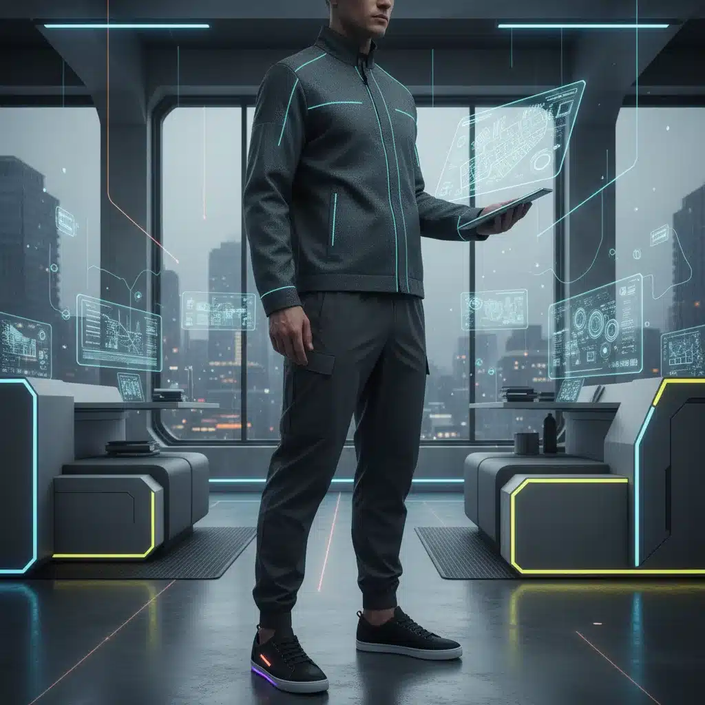 Individual showcasing tech-infused streetwear, featuring an LED jacket and smart sneakers in a modern urban setting.