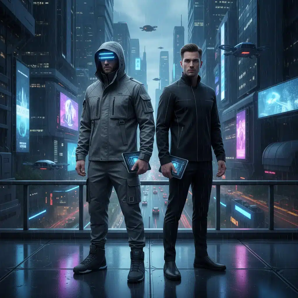 Men showcasing techwear and minimalist urban fashion