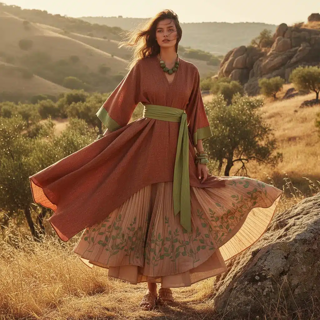 Fashion model showcasing Terracotta Clay and Matcha Green 2026 color palette