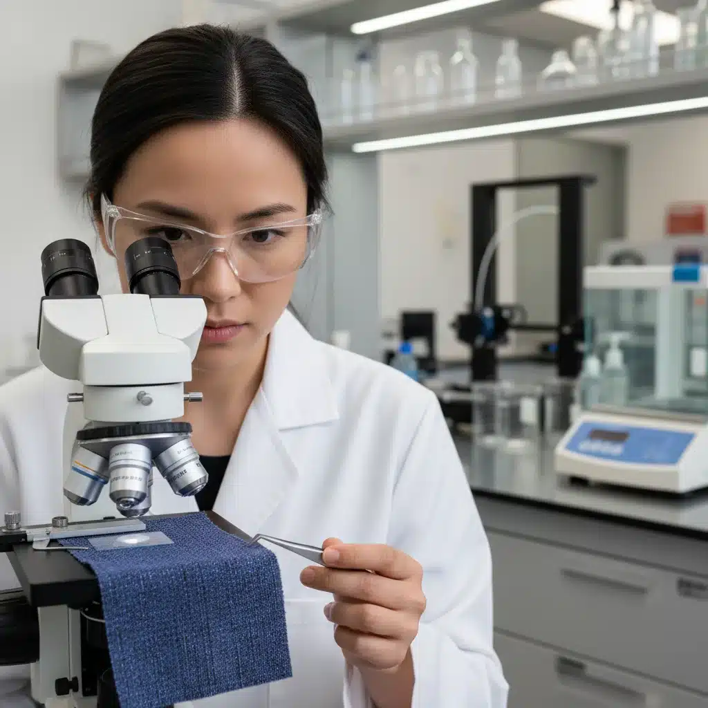Textile engineer examining an advanced fabric under a microscope in a modern lab.