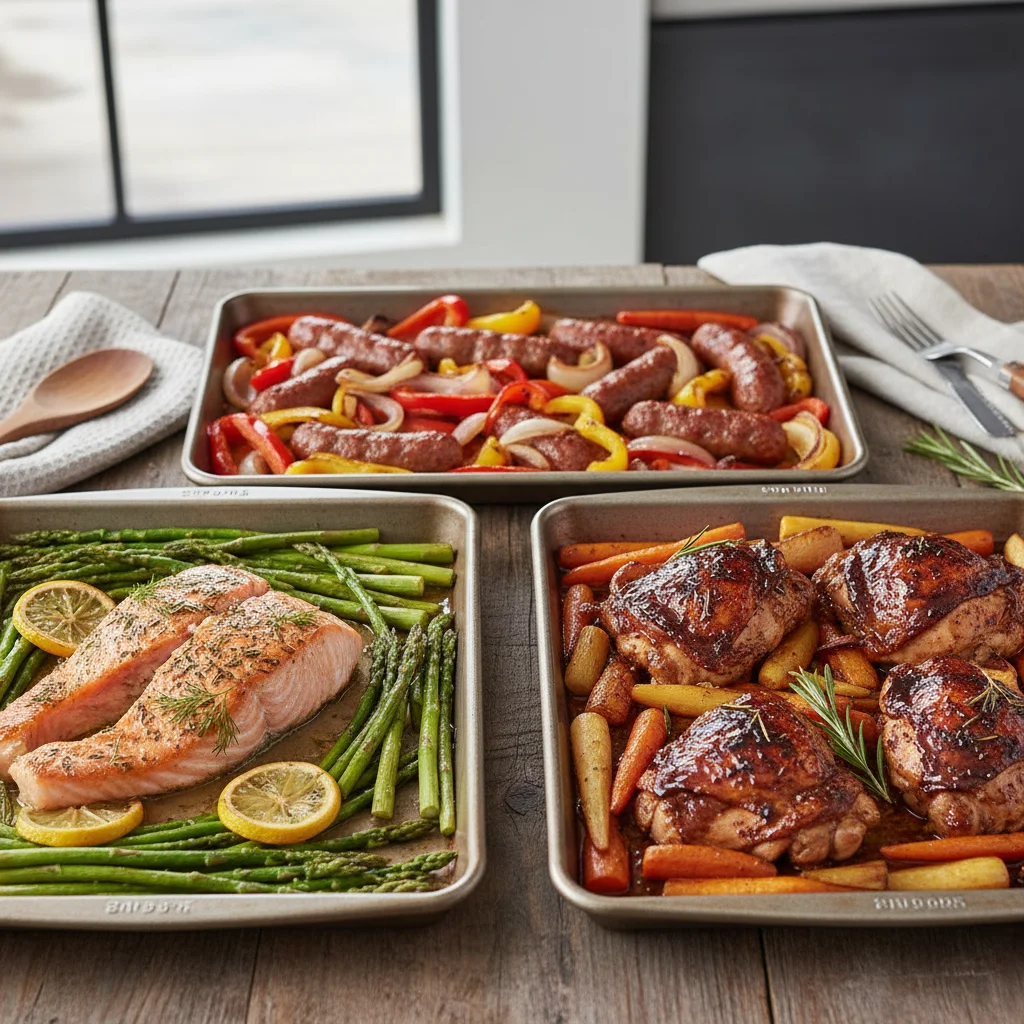 Variety of cooked sheet pan meals