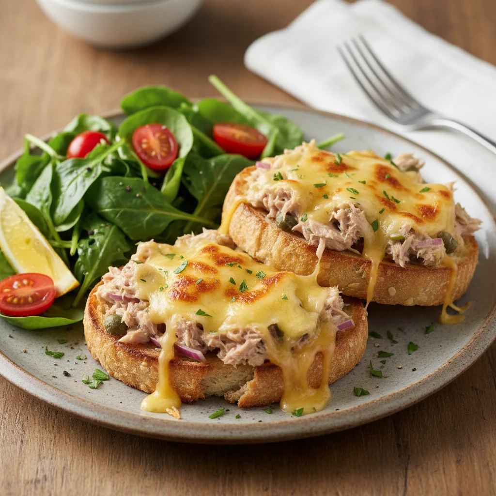 Classic tuna melt on toasted bread with a fresh green salad, a perfect speedy lunch or dinner.