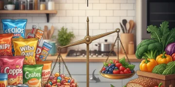 Ultra-processed foods vs. whole foods comparison, emphasizing healthier choices