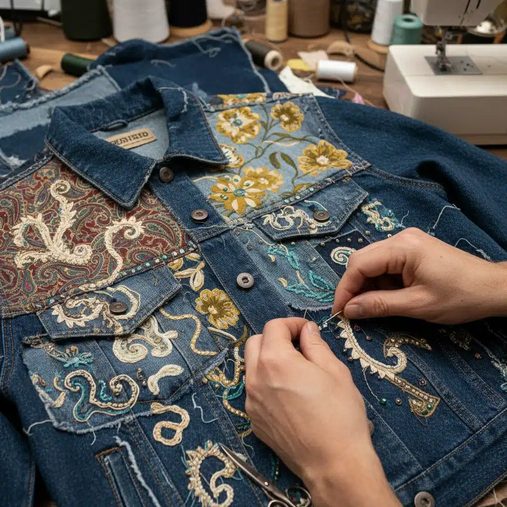 Detailed craftsmanship on an upcycled denim jacket, featuring patchwork and embroidery.
