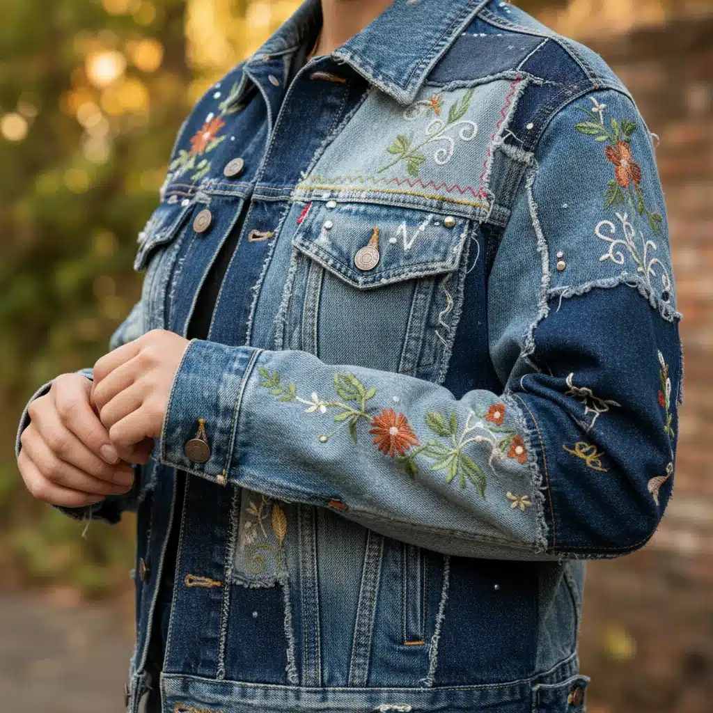Close-up of upcycled denim jacket, intricate patchwork