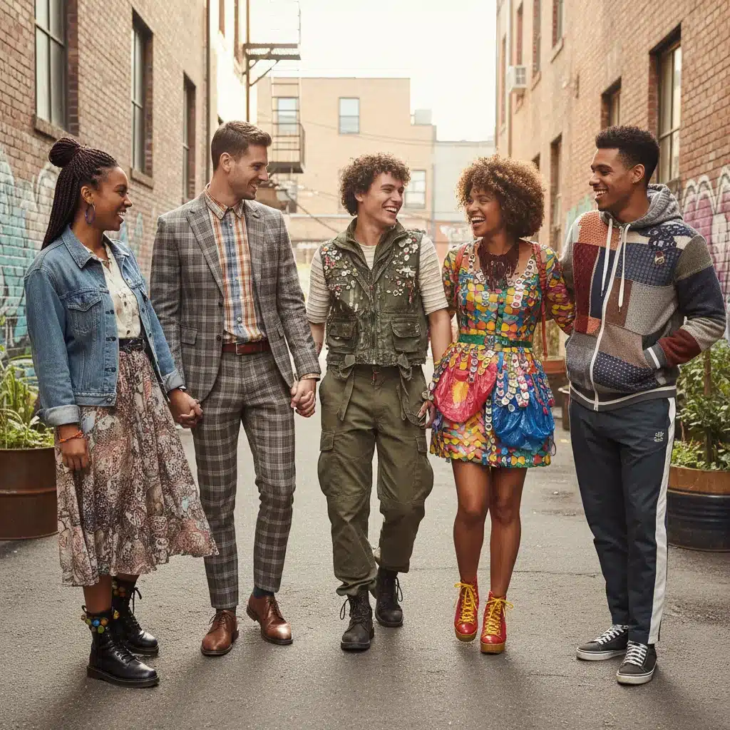 Diverse group of people wearing stylish upcycled outfits in an urban environment.