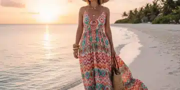 Vacation Wear 2026: 5 Hottest Travel Fashion Trends for US Consumers Woman in flowing maxi dress on beach, embodying 2026 vacation fashion trends
