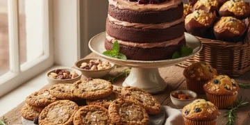 Assortment of delicious vegan baked goods on a wooden table, showcasing plant-based desserts
