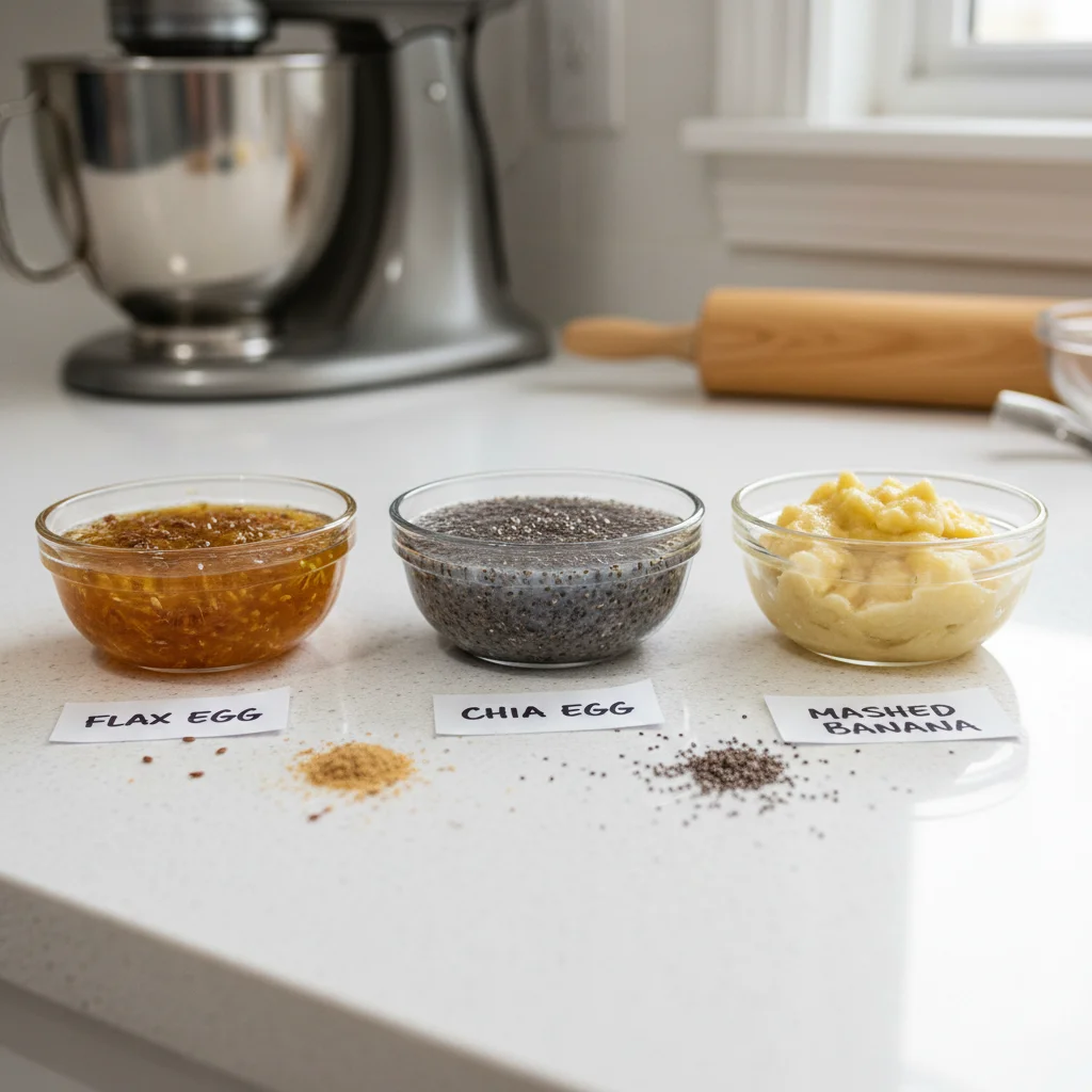 Different vegan egg substitutes like flaxseed, chia, and mashed banana in bowls