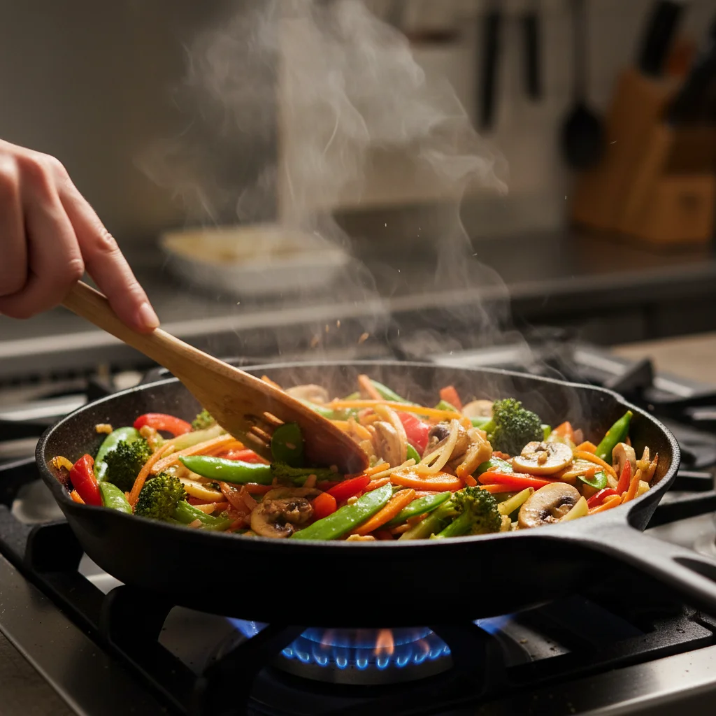 Sizzling vegetable stir-fry in a pan for a quick meal