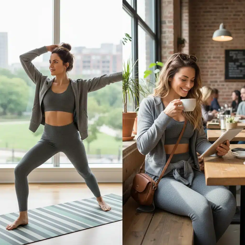 Model seamlessly transitions athleisure outfit from yoga studio to casual cafe, highlighting versatility.