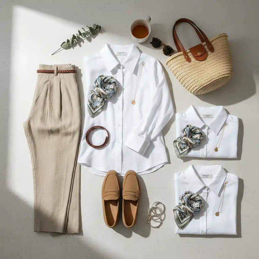 Flat lay of versatile spring wardrobe essentials for multiple outfit creations.