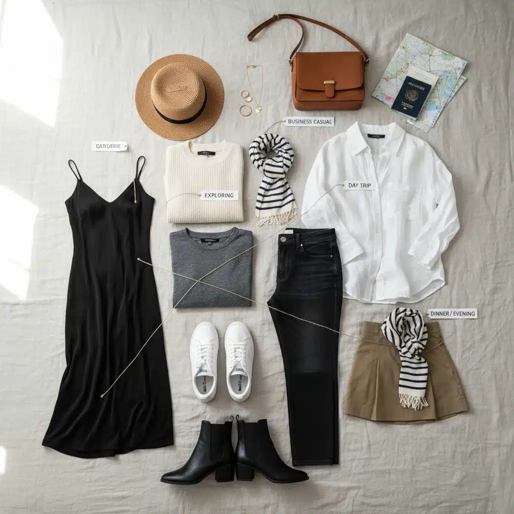 Interchangeable clothing items and accessories for versatile travel outfits