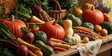 Vibrant autumn harvest of late season vegetables on a wooden table