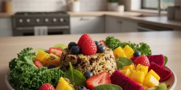 Vibrant seasonal superfood dish with berries, greens, and grains