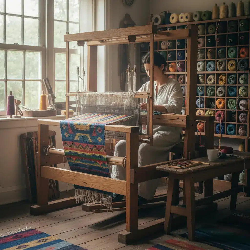 Weaver at traditional loom creating vibrant textile, artisanal workshop
